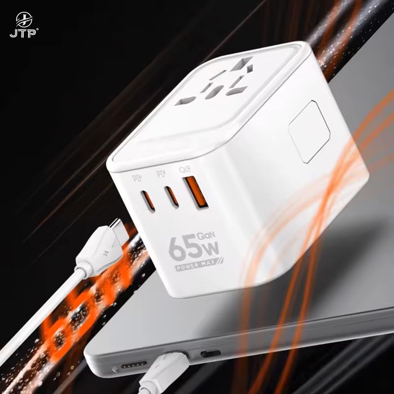 JTP 65W GaN 2PD+QC 3.0 Super Fast Charging Travel Converter Adapter - 2000W High Power Universal Outlet, Compact Size, Dual Type-C + USB Output - Image 5