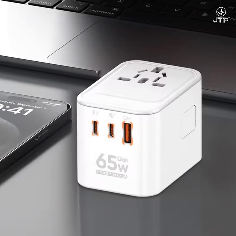 JTP 65W GaN 2PD+QC 3.0 Super Fast Charging Travel Converter Adapter - 2000W High Power Universal Outlet, Compact Size, Dual Type-C + USB Output - Image 3
