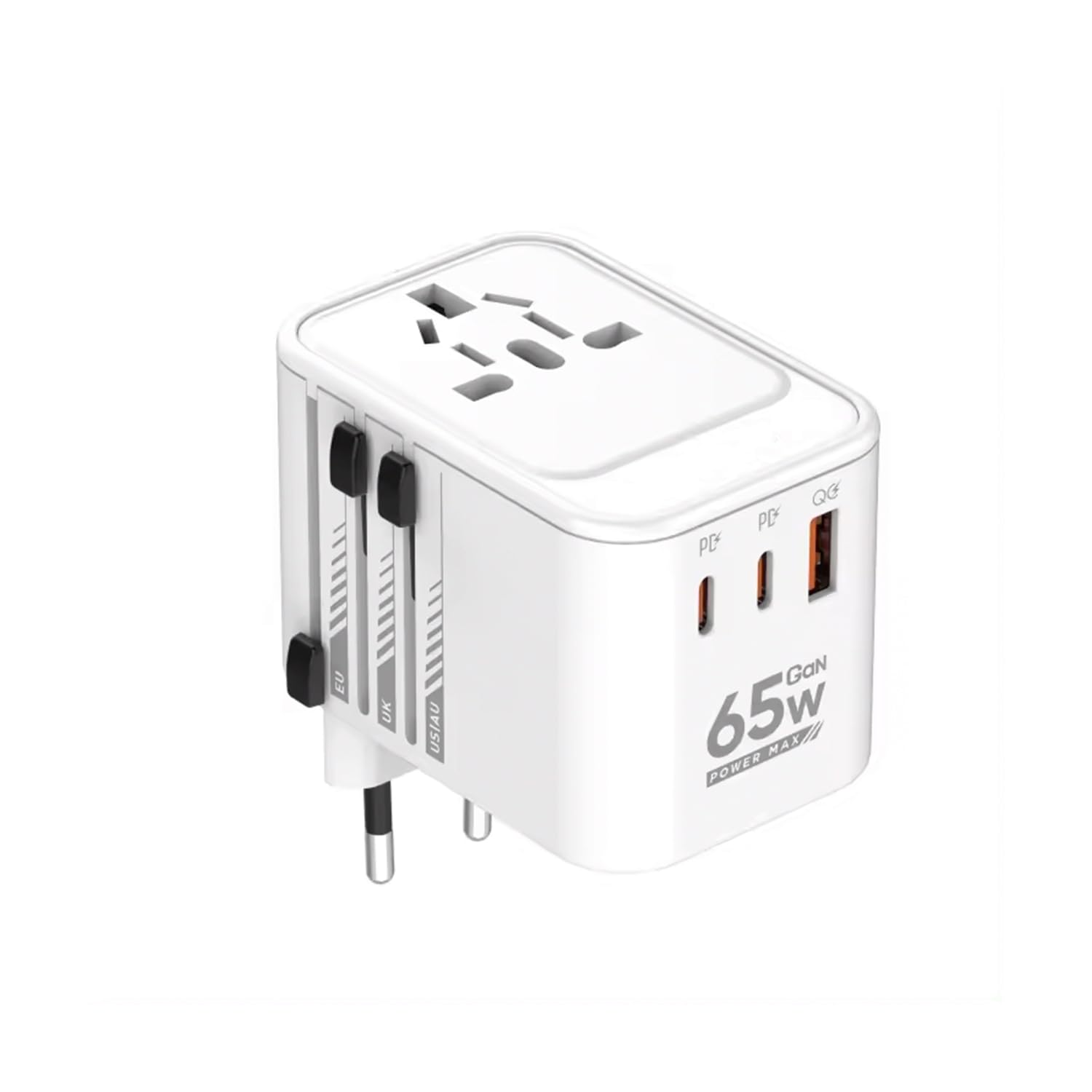 JTP 65W GaN 2PD+QC 3.0 Super Fast Charging Travel Converter Adapter - 2000W High Power Universal Outlet, Compact Size, Dual Type-C + USB Output