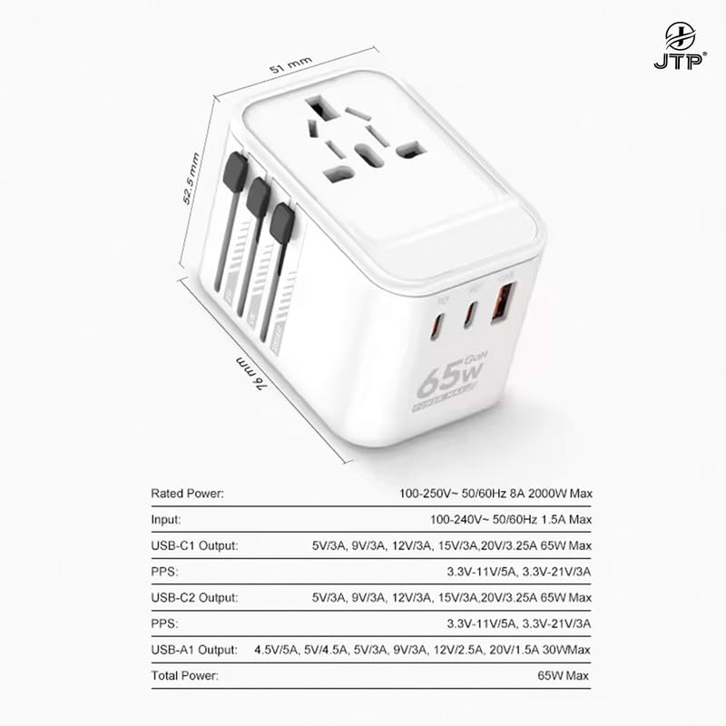 JTP 65W GaN 2PD+QC 3.0 Super Fast Charging Travel Converter Adapter - 2000W High Power Universal Outlet, Compact Size, Dual Type-C + USB Output - Image 2