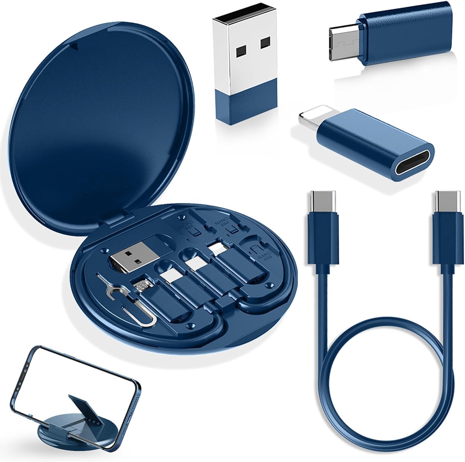 9 in 1 Multifunctional Data Cable Conversion Head Portable Storage Box, Multi-Type Charging Line Convertor USB Type C Adapter Tool Contains Sim Card Slot Tray Eject Pin, Phone Holder - Black