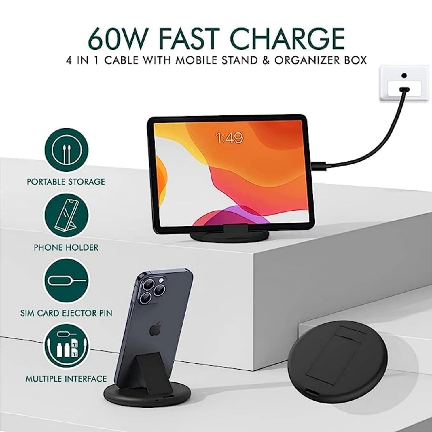 9 in 1 Multifunctional Data Cable Conversion Head Portable Storage Box, Multi-Type Charging Line Convertor USB Type C Adapter Tool Contains Sim Card Slot Tray Eject Pin, Phone Holder - Black - Image 6