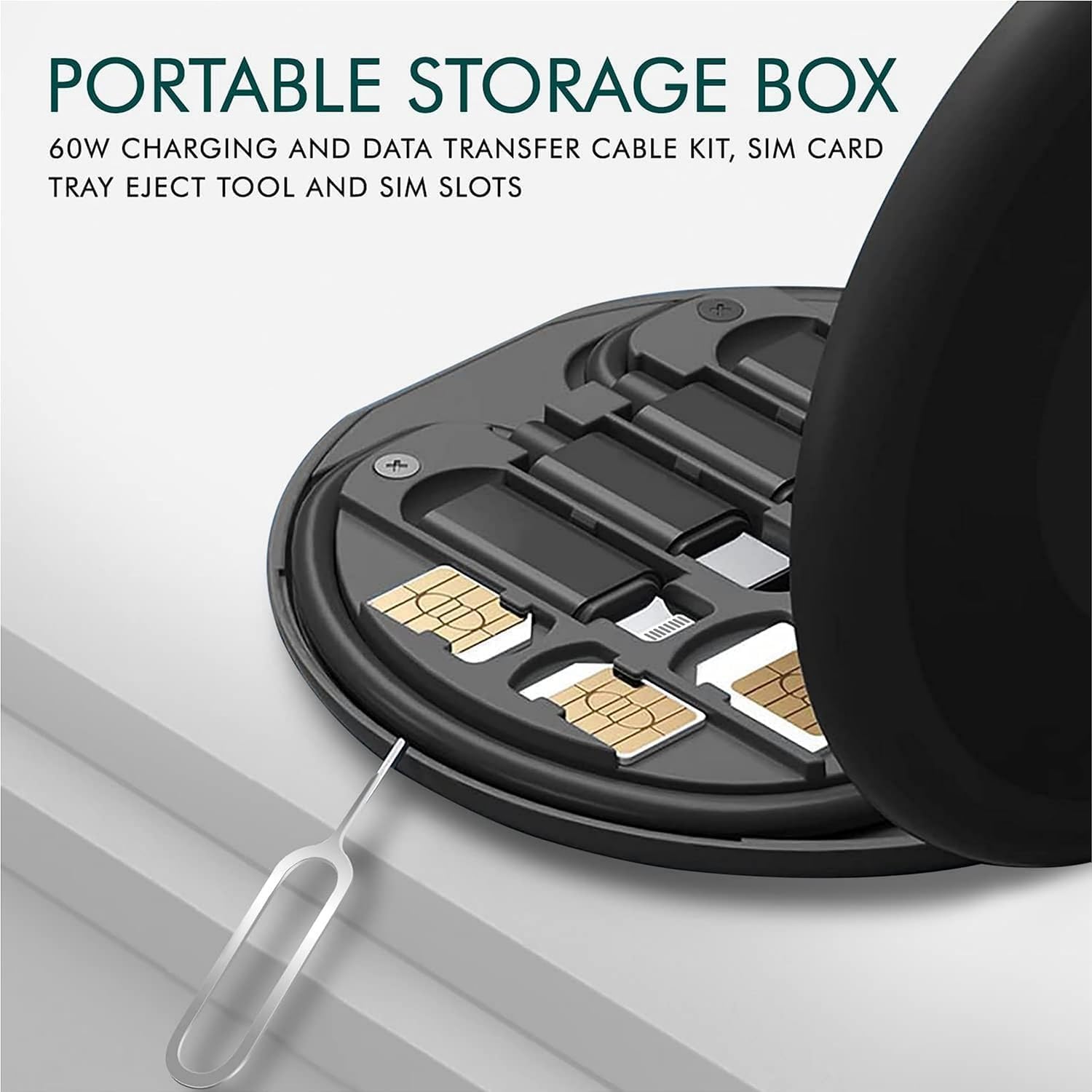 9 in 1 Multifunctional Data Cable Conversion Head Portable Storage Box, Multi-Type Charging Line Convertor USB Type C Adapter Tool Contains Sim Card Slot Tray Eject Pin, Phone Holder - Black - Image 3